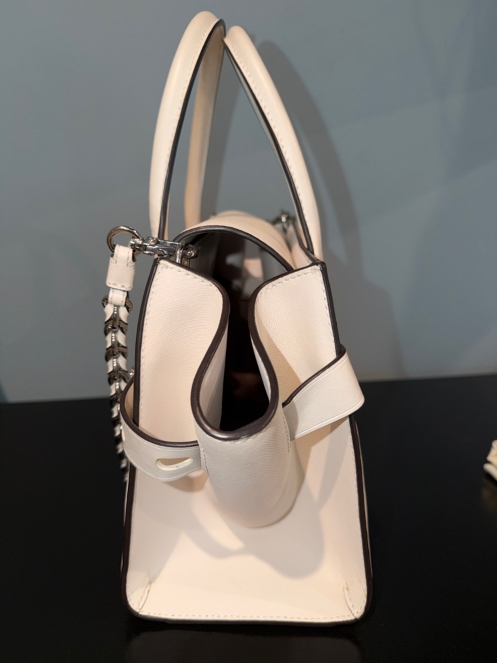 Michael Kors Carmen Medium White Saffiano Leather Satchel with Chain Strap - Picture 3 of 10
